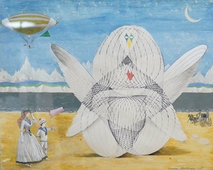 Gerald Mackenzie Leet (1913–1998), watercolour, Figures and dirigible on the beach, signed, 30 x 37cm. Condition - good